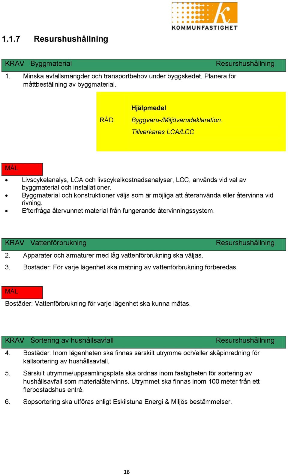 Byggmaterial och konstruktioner väljs som är möjliga att återanvända eller återvinna vid rivning. Efterfråga återvunnet material från fungerande återvinningssystem.