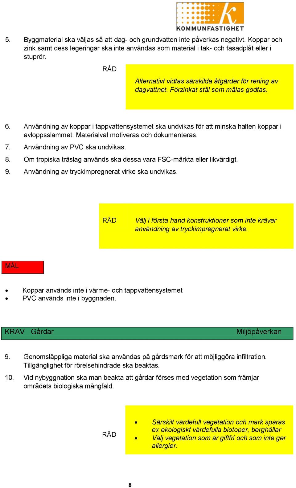 Användning av koppar i tappvattensystemet ska undvikas för att minska halten koppar i avloppsslammet. Materialval motiveras och dokumenteras. 7. Användning av PVC ska undvikas. 8.