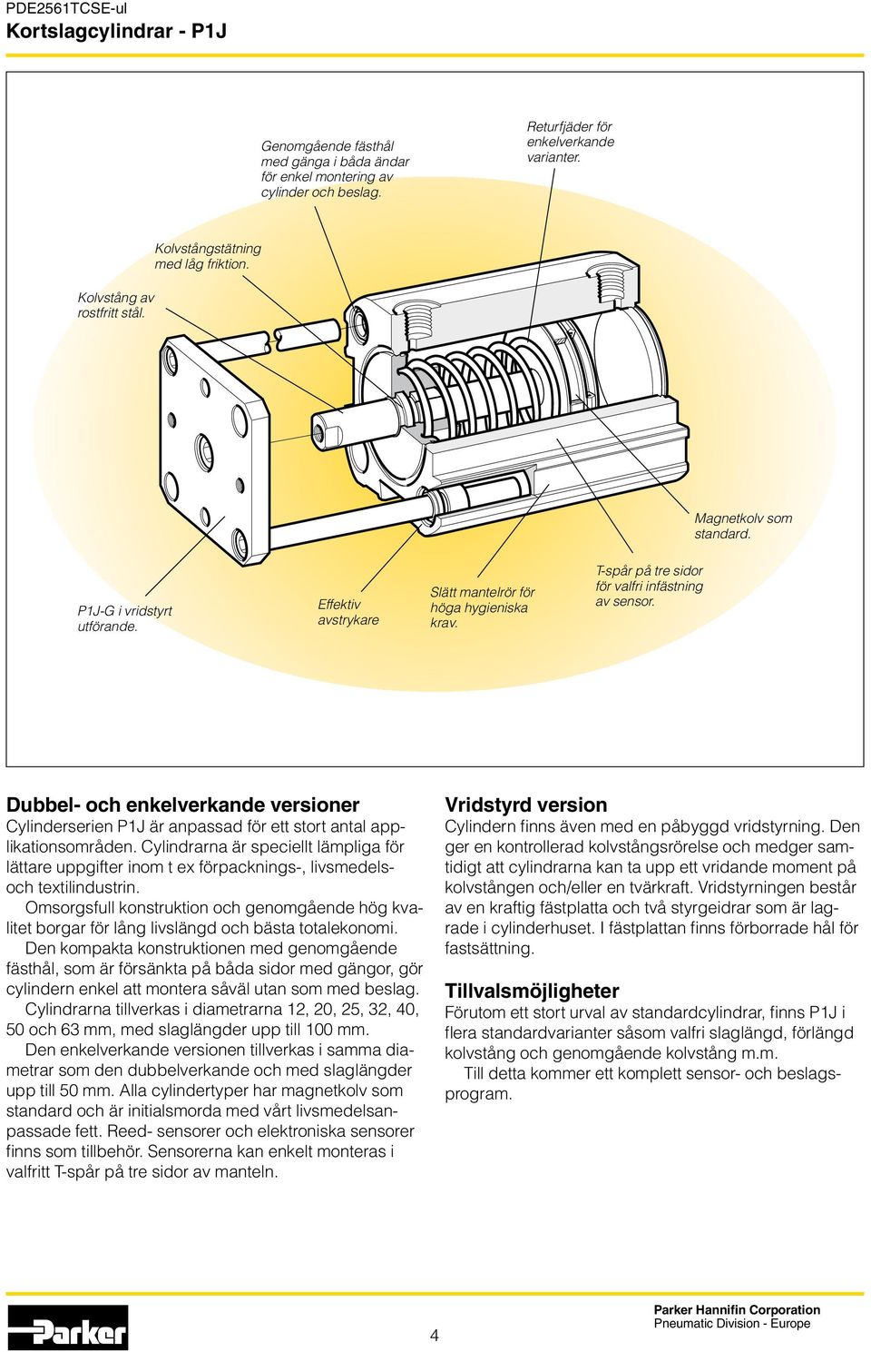 Dubbel- och enkelverkande versioner Cylinderserien P1J är anpassad för ett stort antal applikationsområden.