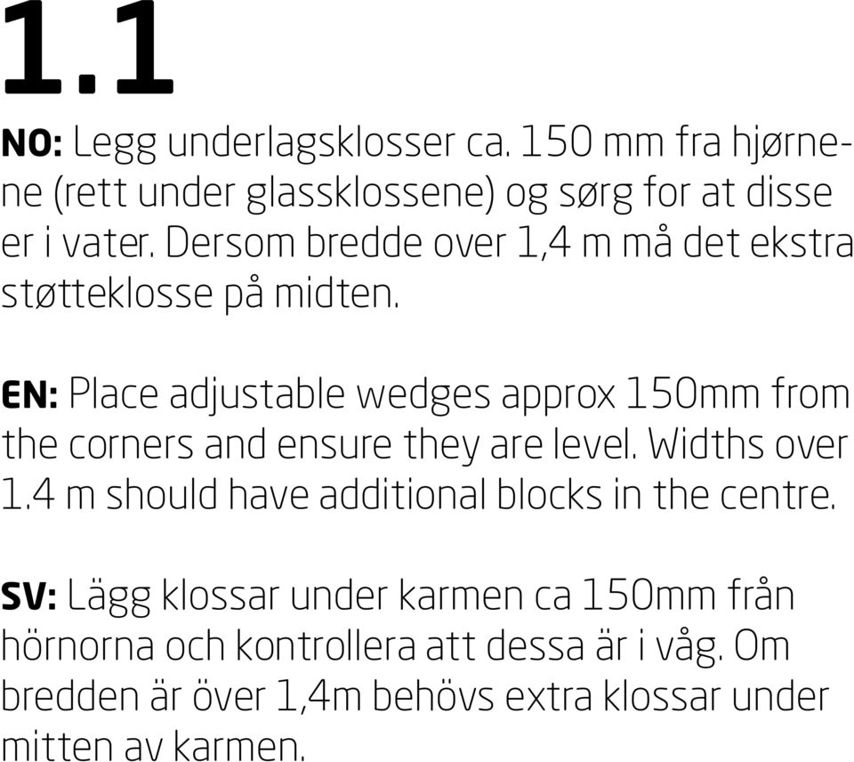 EN: Place adjustable wedges approx 150mm from the corners and ensure they are level. Widths over 1.