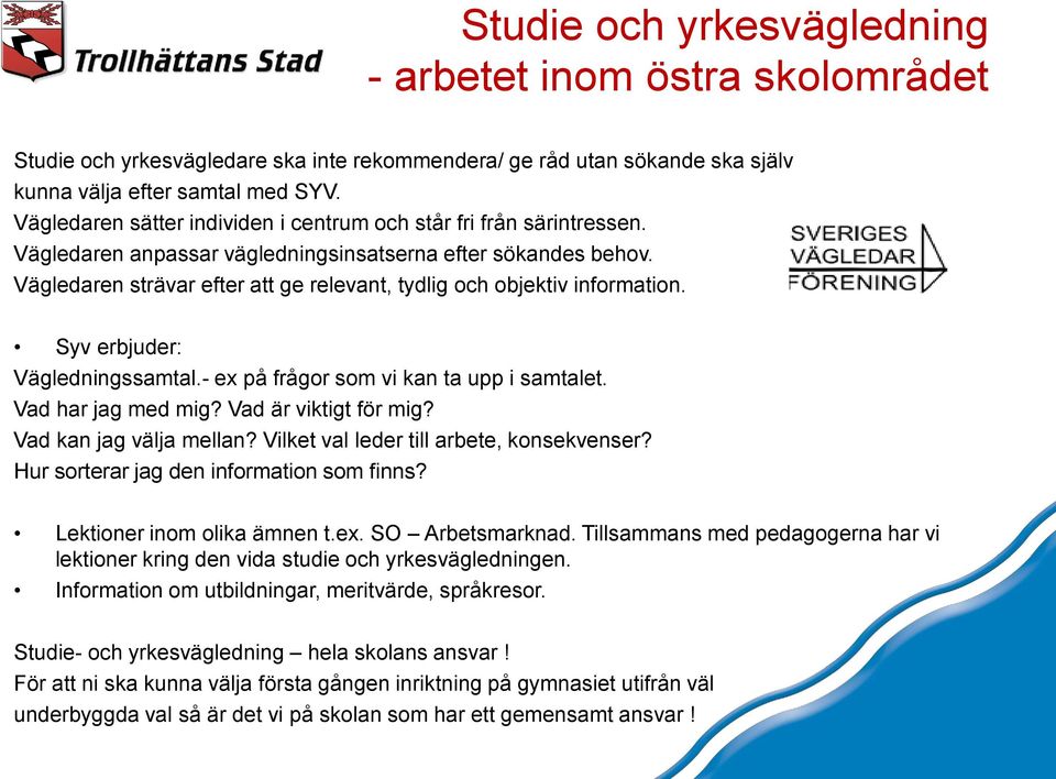 Vägledaren strävar efter att ge relevant, tydlig och objektiv information. Syv erbjuder: Vägledningssamtal.- ex på frågor som vi kan ta upp i samtalet. Vad har jag med mig? Vad är viktigt för mig?