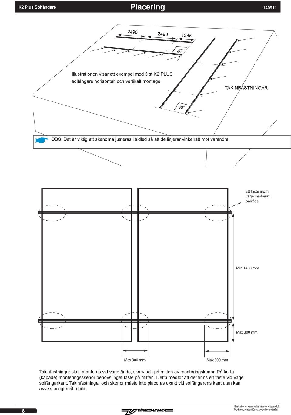 Min 1400 mm Max 300 mm Max 300 mm Max 300 mm Takinfästningar skall monteras vid varje ände, skarv och på mitten av monteringskenor.