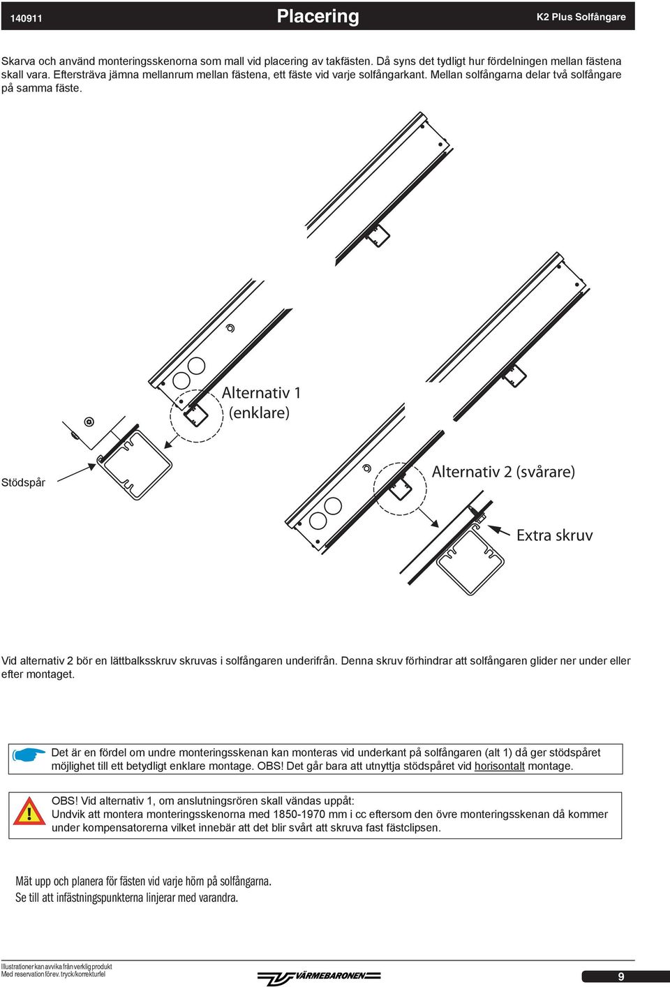 Alternativ 1 (enklare) Stödspår Alternativ 2 (svårare) Extra skruv Vid alternativ 2 bör en lättbalksskruv skruvas i solfångaren underifrån.