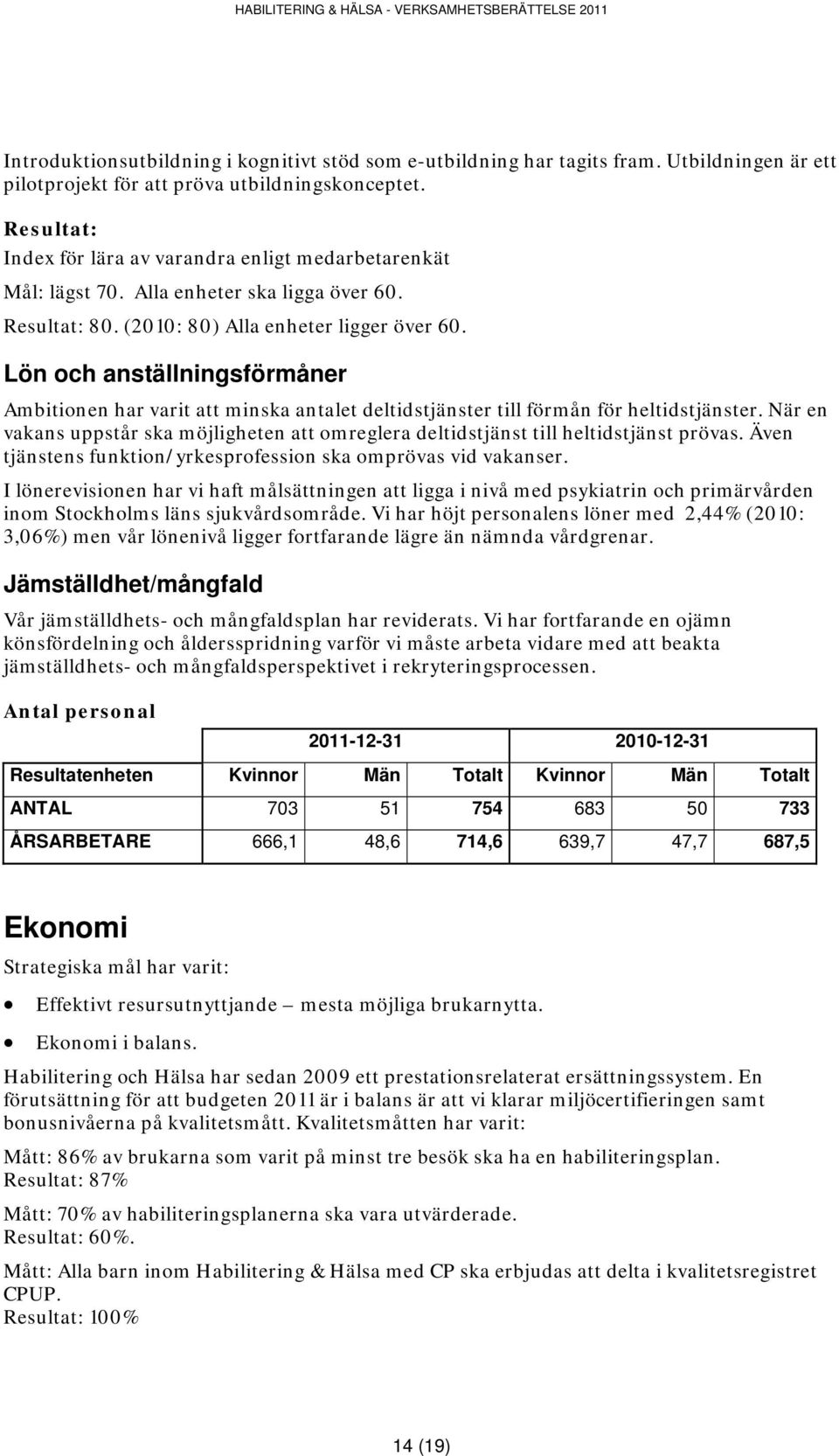 Lön och anställningsförmåner Ambitionen har varit att minska antalet deltidstjänster till förmån för heltidstjänster.