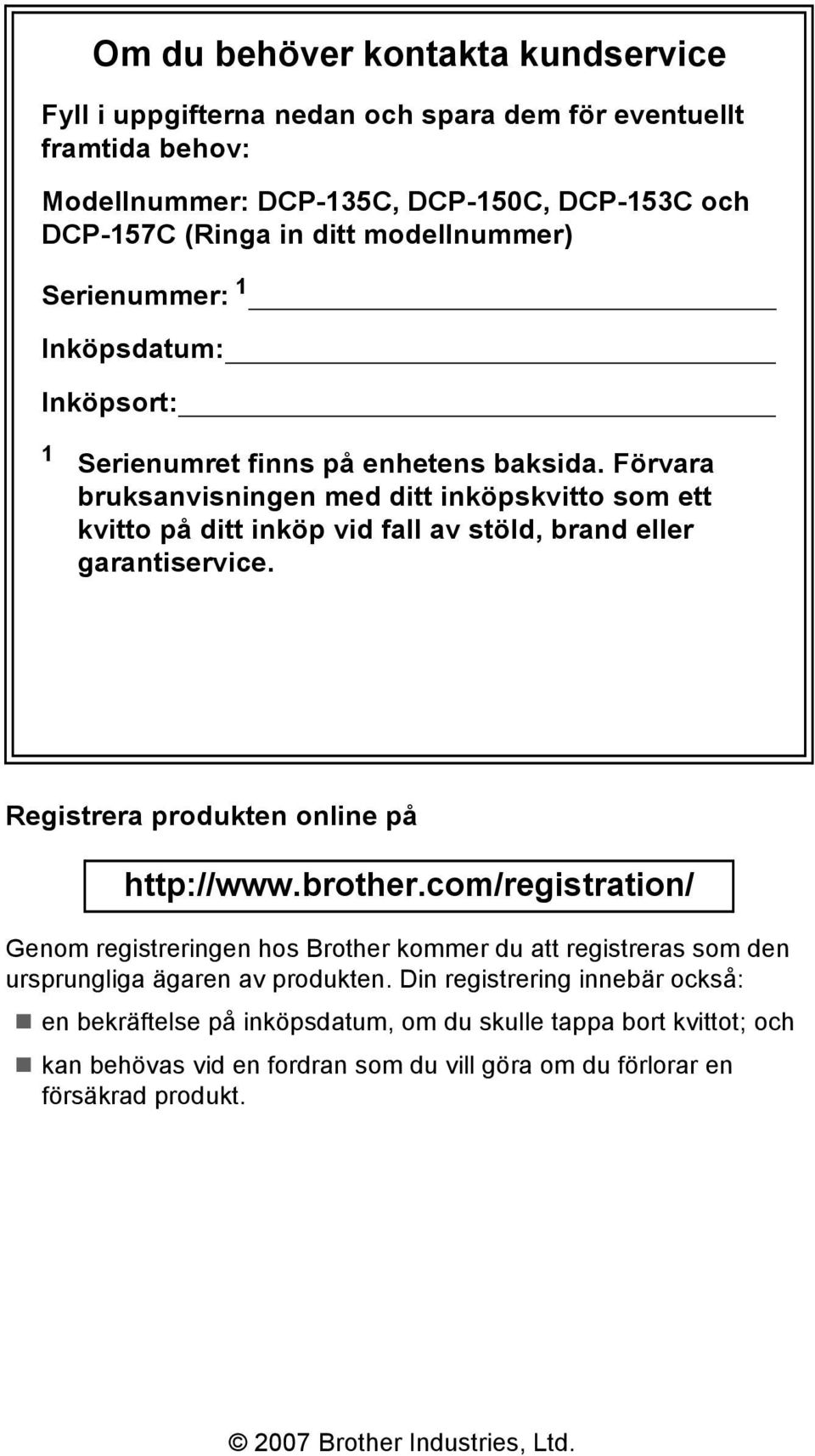 Förvara bruksanvisningen med ditt inköpskvitto som ett kvitto på ditt inköp vid fall av stöld, brand eller garantiservice. Registrera produkten online på http://www.brother.