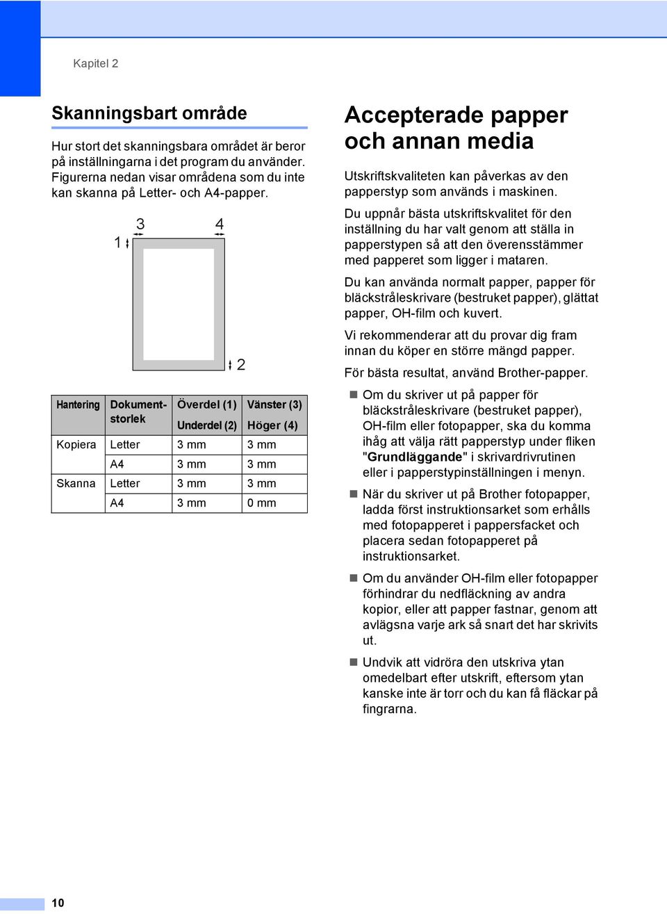 1 3 4 2 Hantering Dokumentstorlek Överdel (1) Underdel (2) Vänster (3) Höger (4) Kopiera Letter 3 mm 3 mm A4 3 mm 3 mm Skanna Letter 3 mm 3 mm A4 3 mm 0 mm Accepterade papper och annan media 2