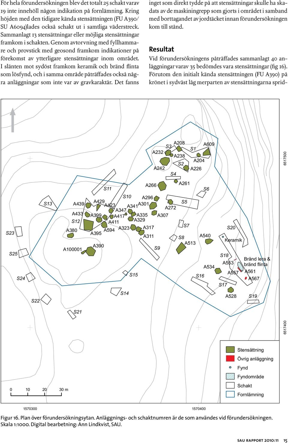 Genom avtorvning med fyllhammare och provstick med geosond framkom indikationer på förekomst av ytterligare stensättningar inom området.