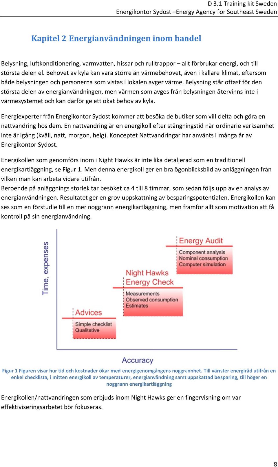 Belysning B står oftast för den största delen av energianvändningen, men värmen som avges från belysningen återvinns inte i värmesystemet och kan därför ge ett ökat behov av kyla.