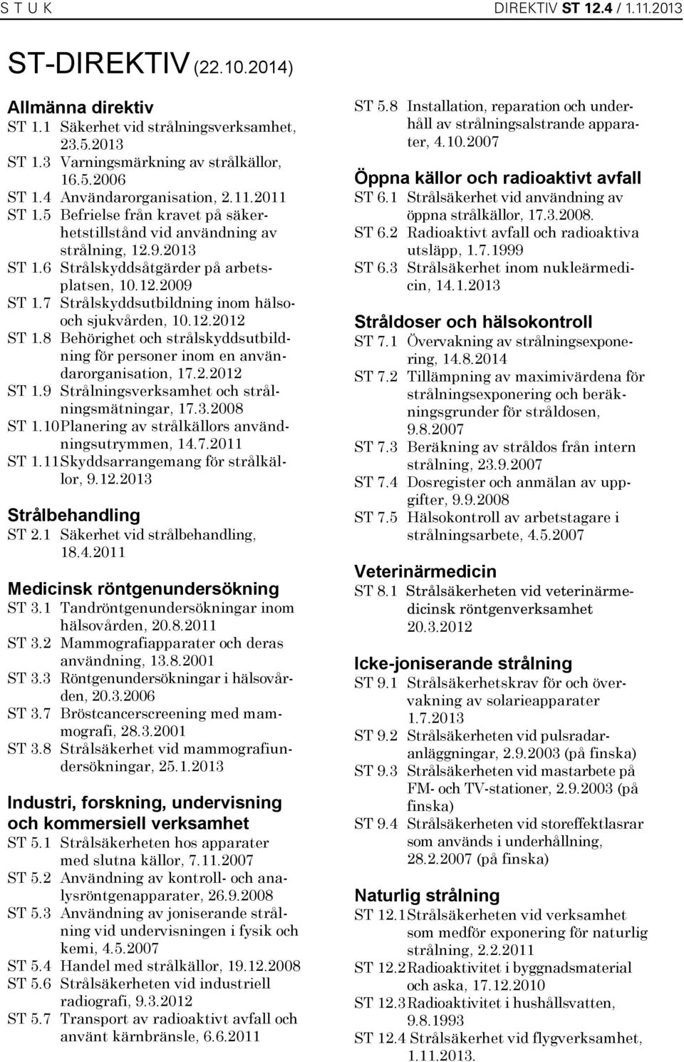 7 Strålskyddsutbildning inom hälsooch sjukvården, 10.12.2012 ST 1.8 Behörighet och strålskyddsutbildning för personer inom en användarorganisation, 17.2.2012 ST 1.9 Strålningsverksamhet och strålningsmätningar, 17.