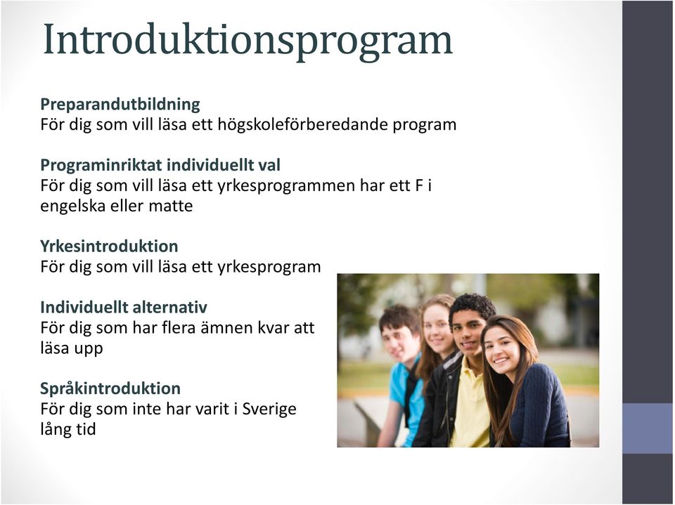 eller matte Yrkesintroduktion För dig som vill läsa ett yrkesprogram Individuellt alternativ För