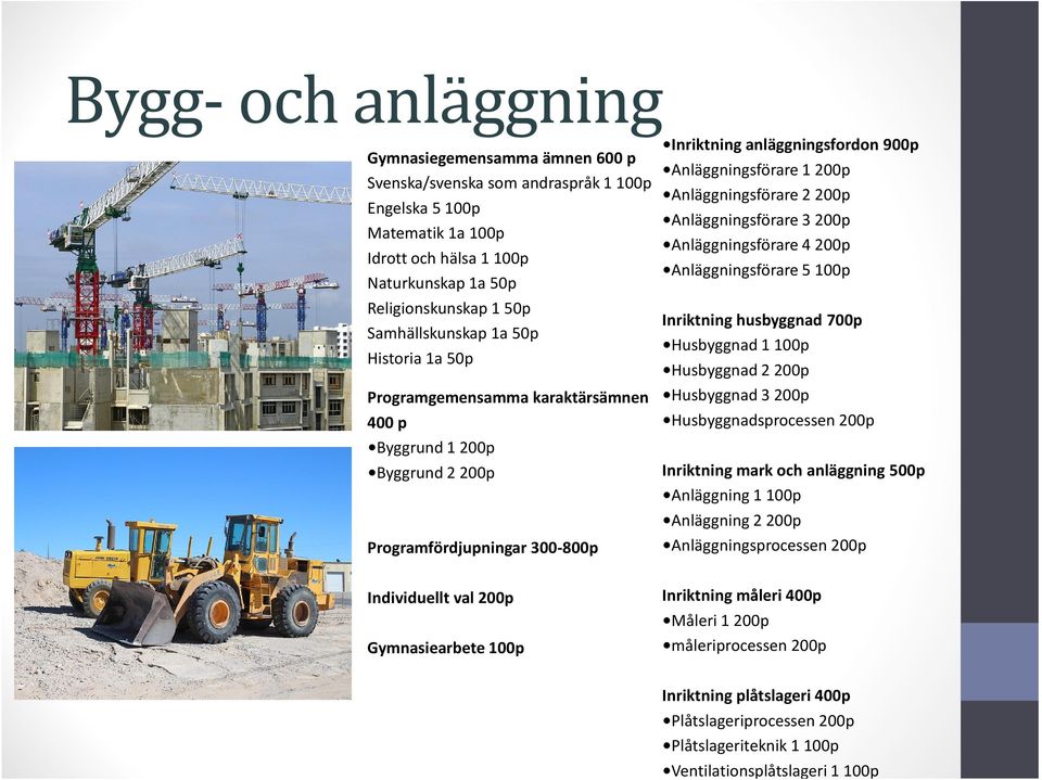 anläggningsfordon 900p Anläggningsförare 1200p Anläggningsförare 2200p Anläggningsförare 3200p Anläggningsförare 4200p Anläggningsförare 5100p Inriktning husbyggnad 700p Husbyggnad 1100p Husbyggnad