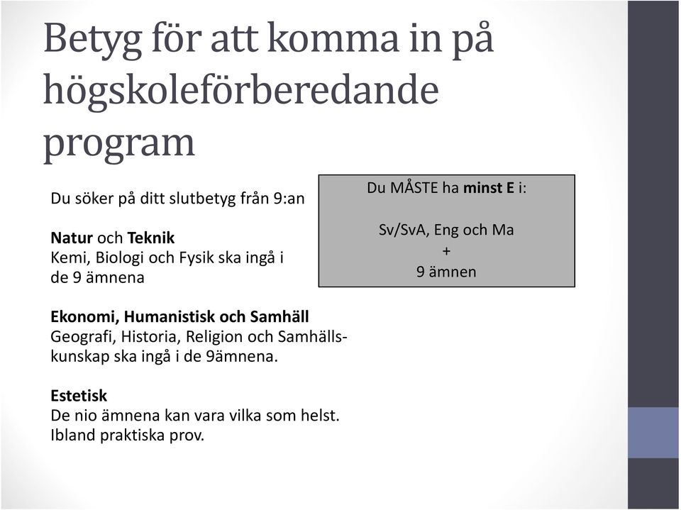 Eng och Ma + 9 ämnen Ekonomi, Humanistisk och Samhäll Geografi, Historia, Religion och