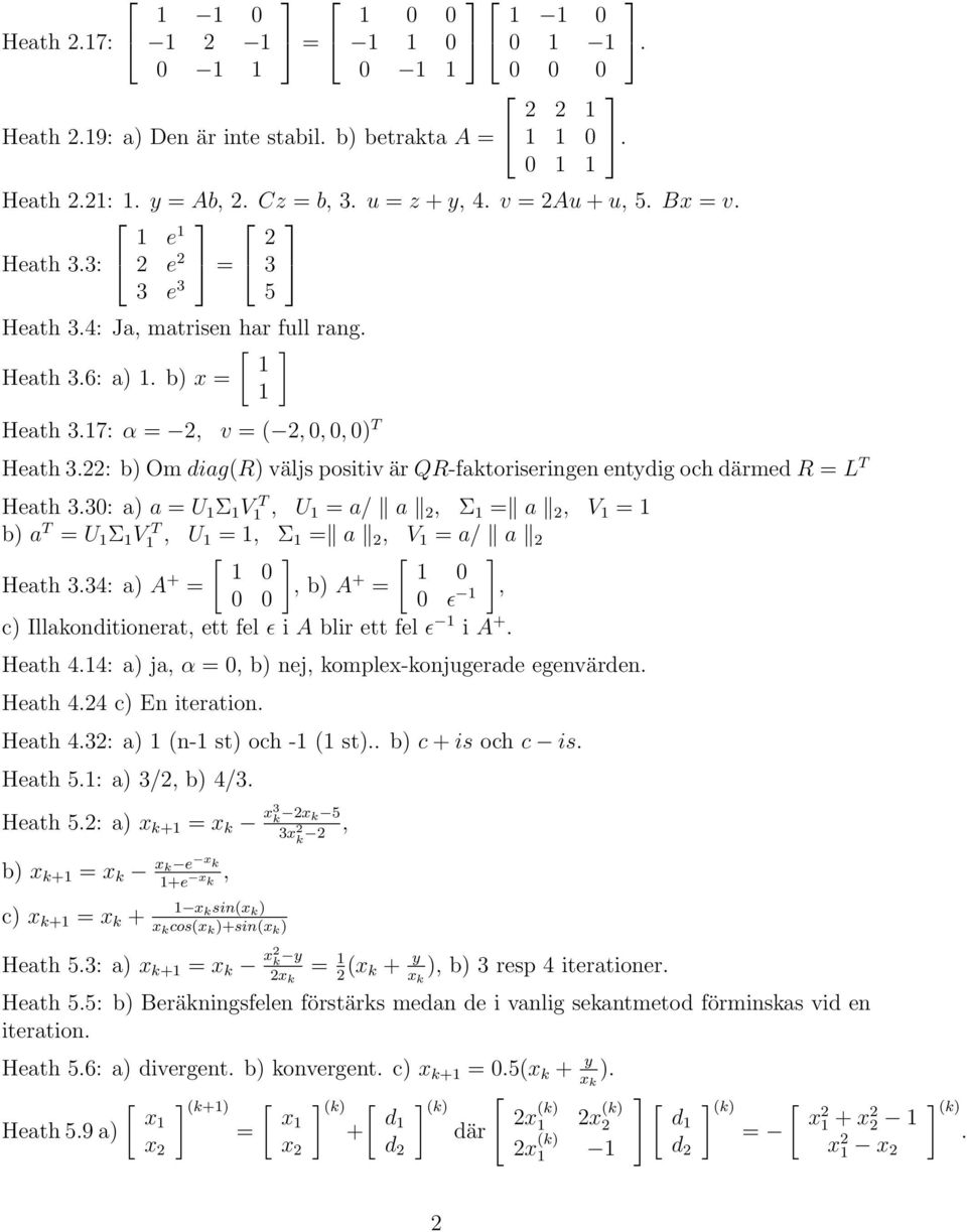 därmed R = L T Heath 330: a) a = U 1 Σ 1 V1 T, U 1 = a/ a, Σ 1 = a, V 1 = 1 b) a T = U 1 Σ 1 V1 T, U 1 = 1, Σ 1 = a, V 1 = a/ a [ [ 1 0 1 0 Heath 334: a) A + =, b) A 0 0 + = 0 ɛ 1, c)