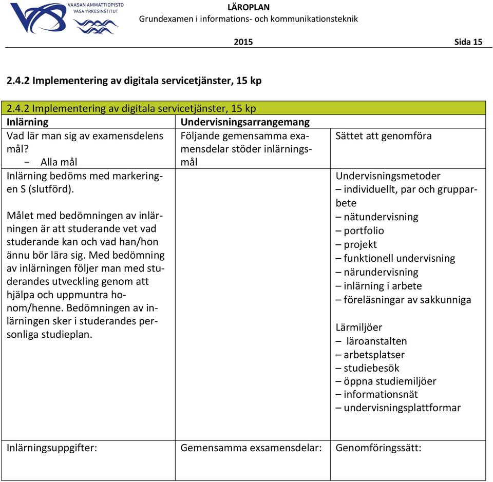 2 Implementering av digitala servicetjänster, 15 kp Vad lär man sig av eamensdelens Följande gemensamma eamensdelar stöder inlärnings- mål?