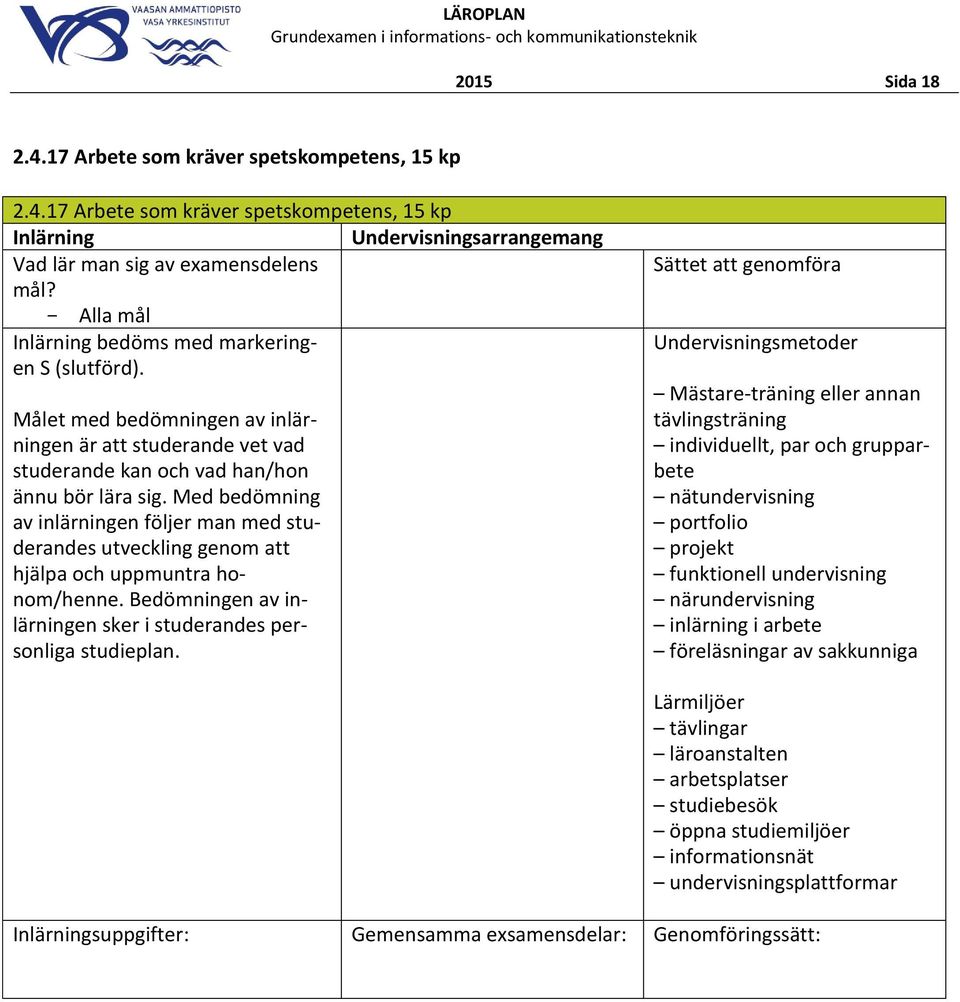 portfolio projekt funktionell undervisning närundervisning inlärning i arbete föreläsningar av sakkunniga tävlingar läroanstalten