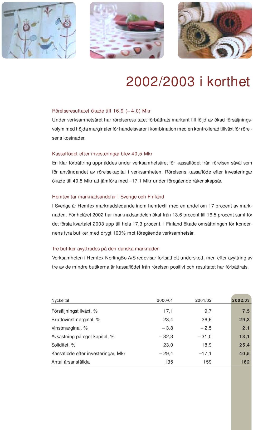 Kassaflödet efter investeringar blev 40,5 Mkr En klar förbättring uppnåddes under verksamhetsåret för kassaflödet från rörelsen såväl som för användandet av rörelsekapital i verksamheten.