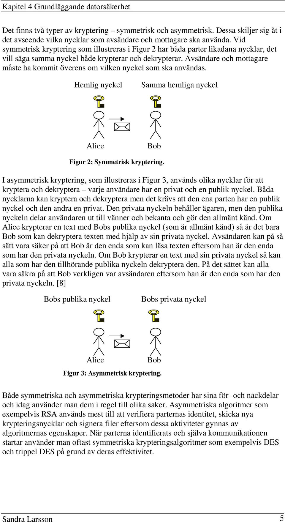 Avsändare och mottagare måste ha kommit överens om vilken nyckel som ska användas. Hemlig nyckel Samma hemliga nyckel Alice Bob Figur 2: Symmetrisk kryptering.