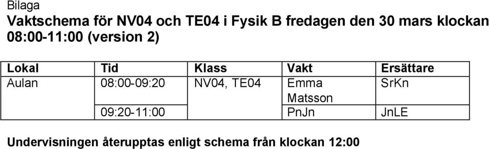 Ersättare Aulan 08:00-09:20 NV04, TE04 Emma Matsson SrKn