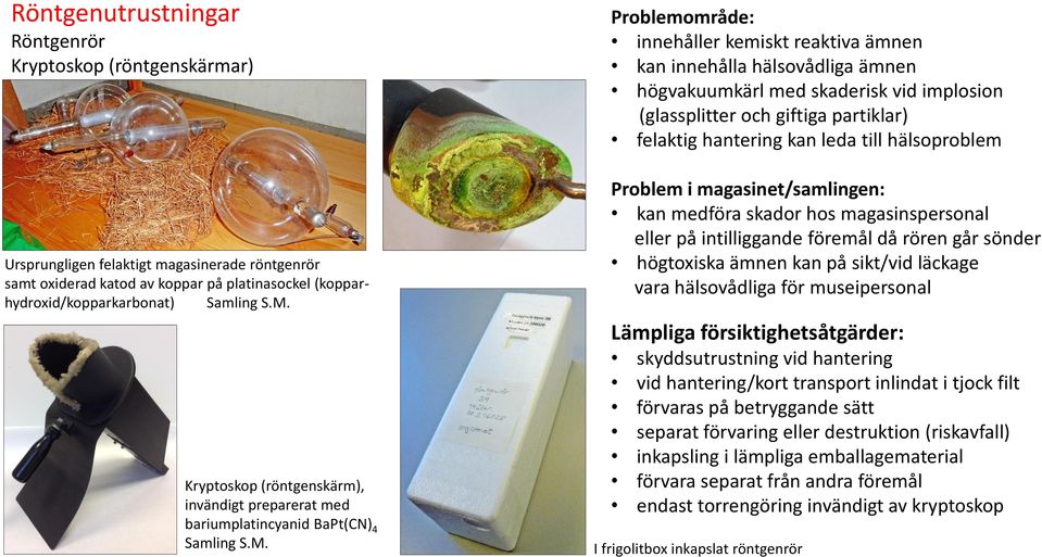 giftiga partiklar) kan medföra skador hos magasinspersonal eller på intilliggande föremål då rören går sönder högtoxiska ämnen kan på sikt/vid läckage vara hälsovådliga för museipersonal vid