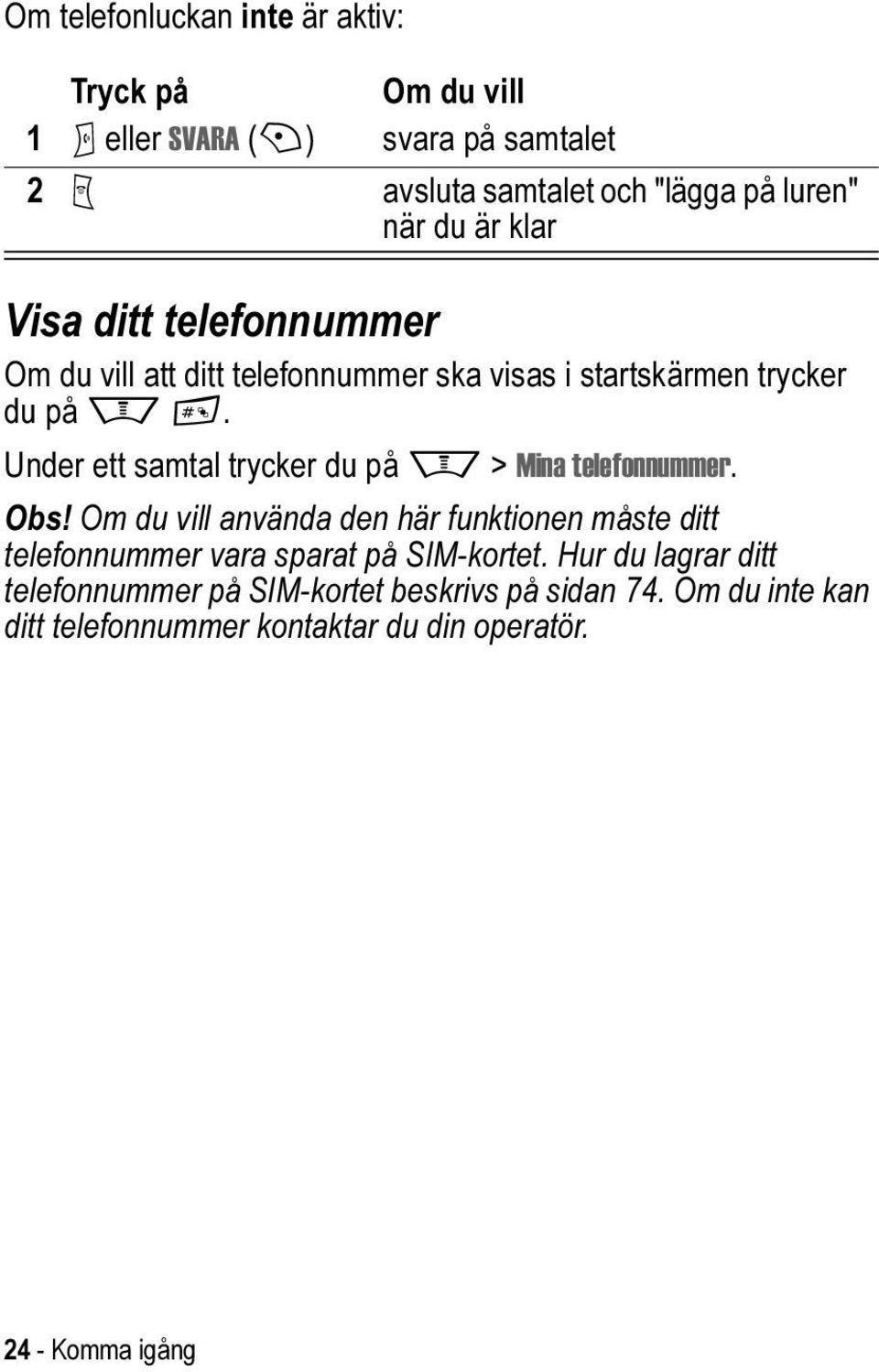 Under ett samtal trycker du på M > Mina telefonnummer. Obs!