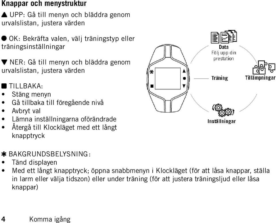 val Lämna inställningarna oförändrade Återgå till Klockläget med ett långt knapptryck BAKGRUNDSBELYSNING: Tänd displayen Med ett långt knapptryck;