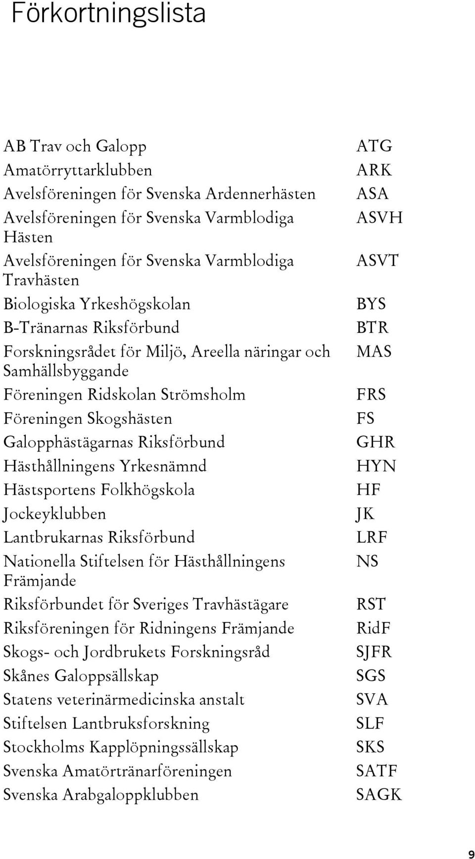 Hästhållningens Yrkesnämnd Hästsportens Folkhögskola Jockeyklubben Lantbrukarnas Riksförbund Nationella Stiftelsen för Hästhållningens Främjande Riksförbundet för Sveriges Travhästägare