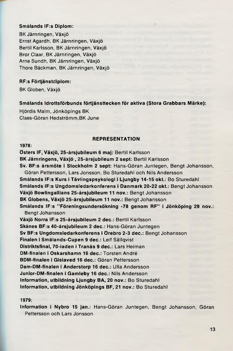 REPRESENTATION 1978: östers IF, Växjö, 25-årsjubileum 6 maj: Bertil Karlsson BK Järnringens, Växjö, 25-arsjubileum 2 sept: Bertil Karlsson Sv.