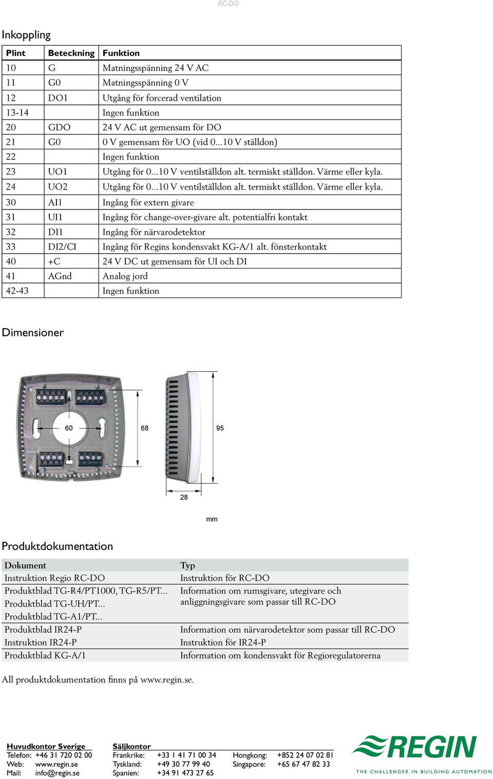 24 UO2 Utgång för 0...10 V ventilställdon alt. termiskt ställdon. Värme eller kyla. 30 AI1 Ingång för extern givare 31 UI1 Ingång för change-over-givare alt.