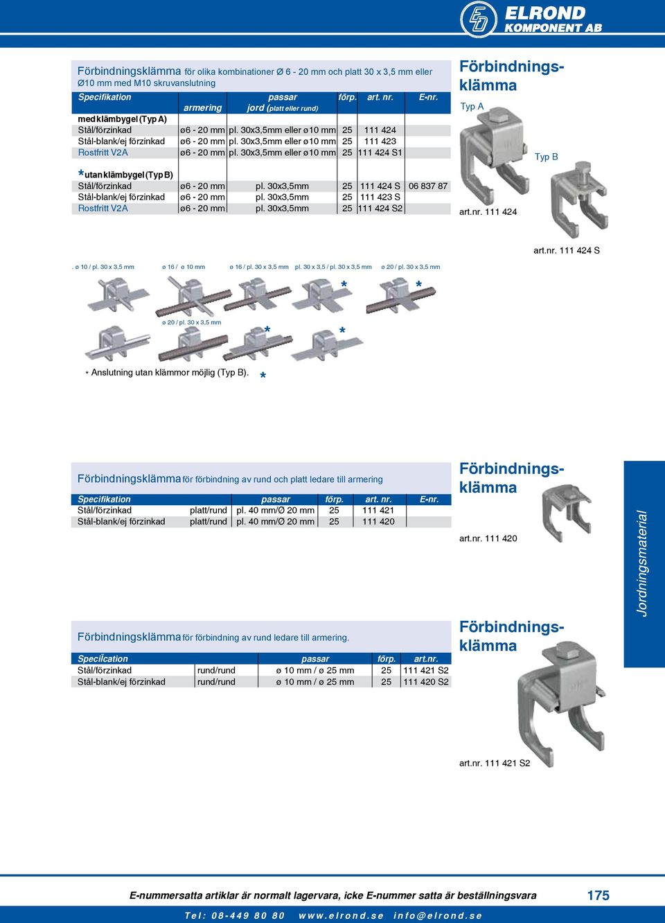 30x3,5mm eller ø10 mm 25 111 424 S1 * utan klämbygel (Typ B) Stål/förzinkad ø6-20 mm pl. 30x3,5mm 25 111 424 S 06 837 87 Stål-blank/ej förzinkad ø6-20 mm pl.