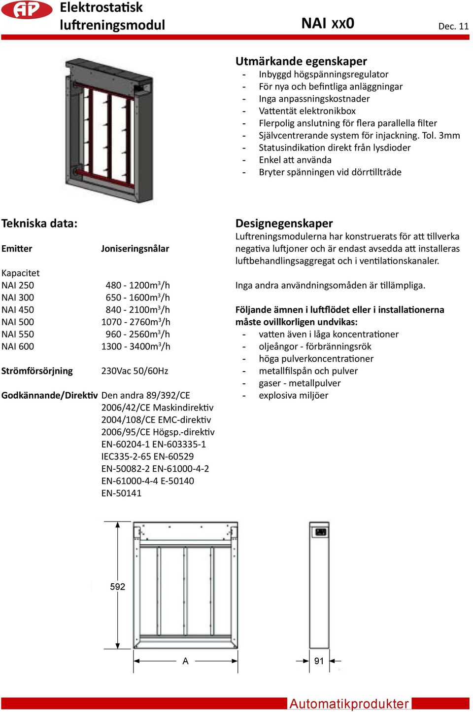 3mm Statusindikation direkt från lysdioder Enkel att använda Bryter spänningen vid dörrtillträde Tekniska data: Emitter Joniseringsnålar Kapacitet NAI 250 480-1200m 3 /h NAI 300 650-1600m 3 /h NAI