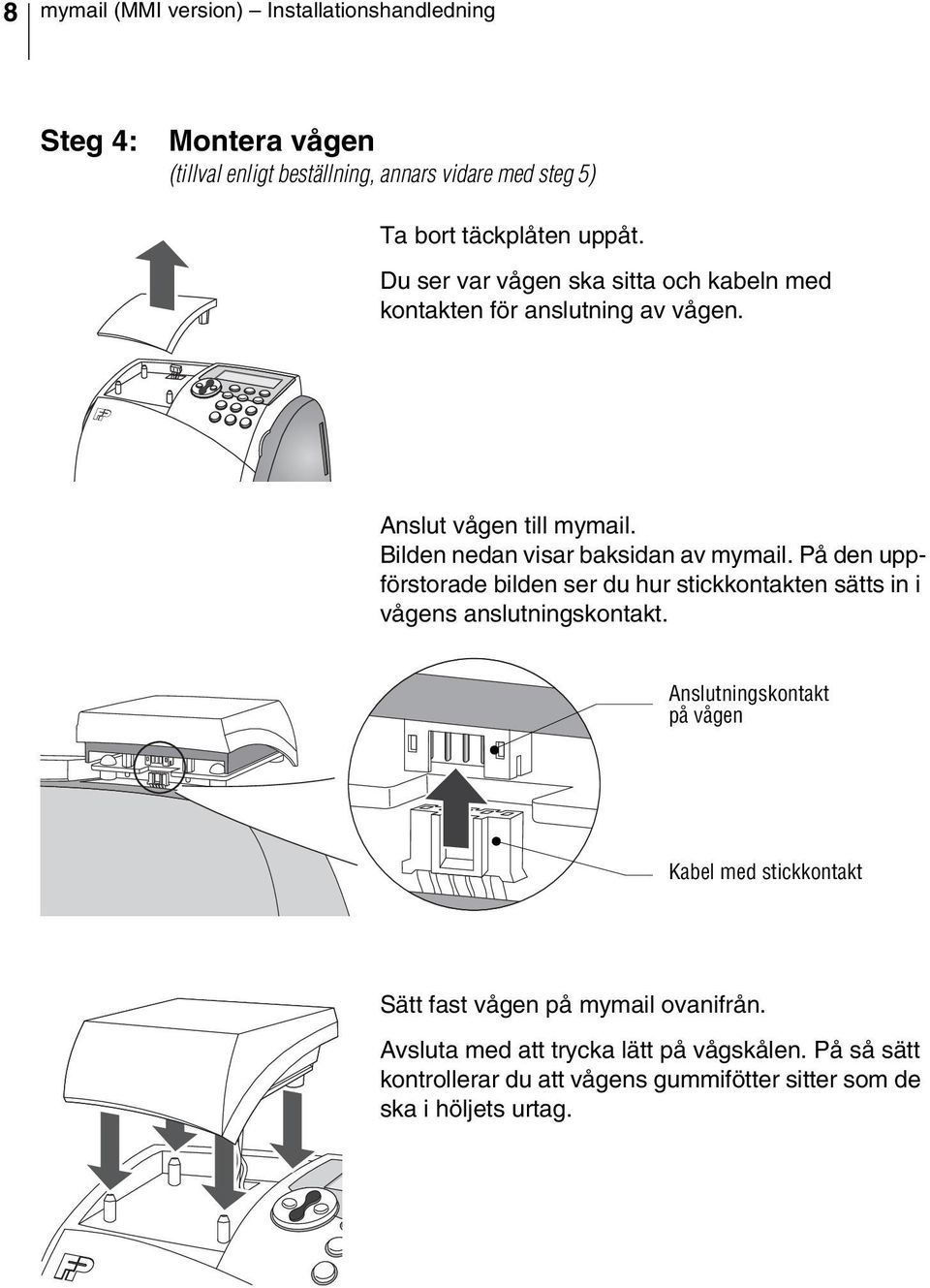 På den uppförstorade bilden ser du hur stickkontakten sätts in i vågens anslutningskontakt.