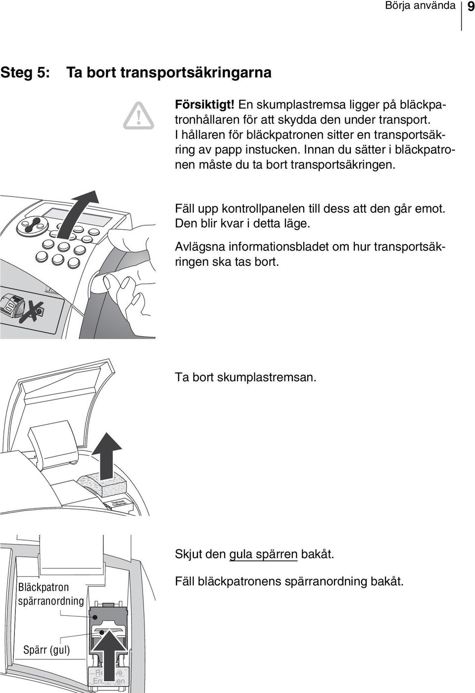 I hållaren för bläckpatronen sitter en transportsäkring av papp instucken. Innan du sätter i bläckpatronen måste du ta bort transportsäkringen.