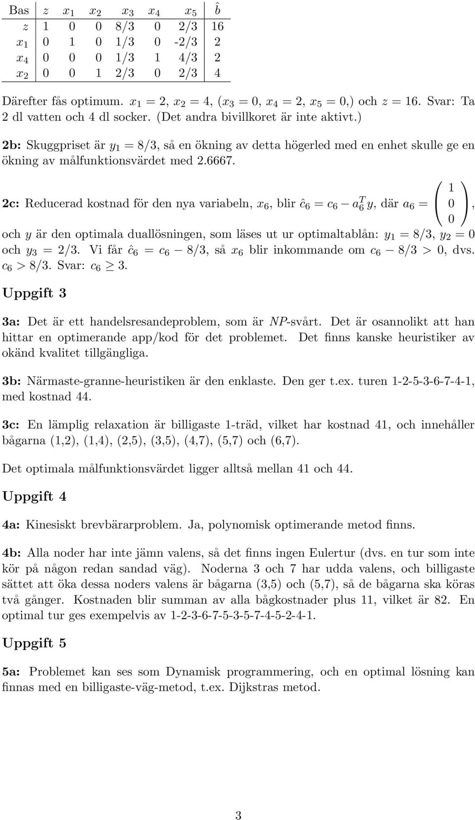 2c: Reducerad kostnad för den nya variabeln, x 6, blir ĉ 6 = c 6 a T 6 y, där a 6 =, och y är den optimala duallösningen, som läses ut ur optimaltablån: y = 8/3, y 2 = och y 3 = 2/3.