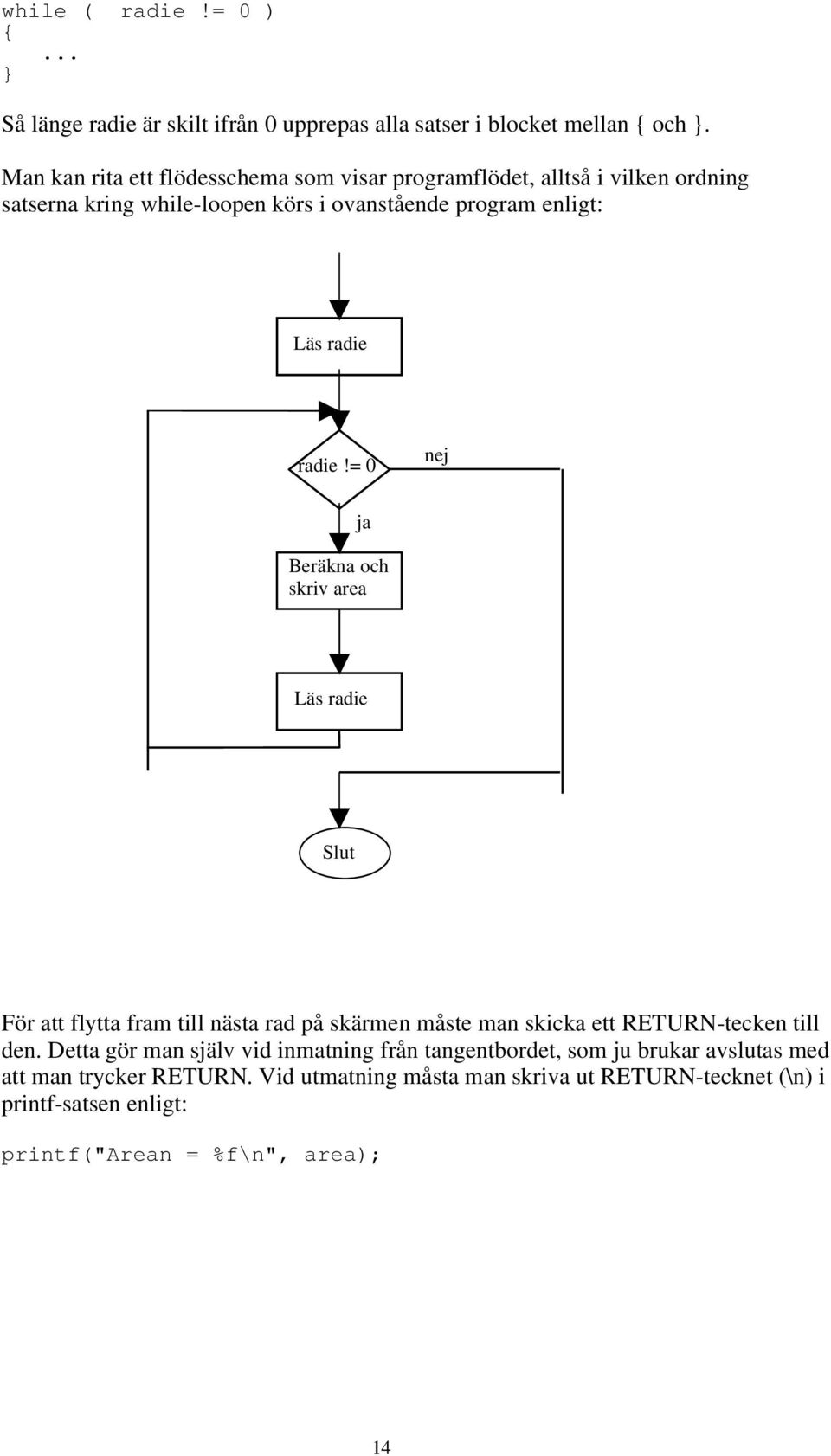 radie!= 0 nej ja Beräkna och skriv area Läs radie Slut För att flytta fram till nästa rad på skärmen måste man skicka ett RETURN-tecken till den.
