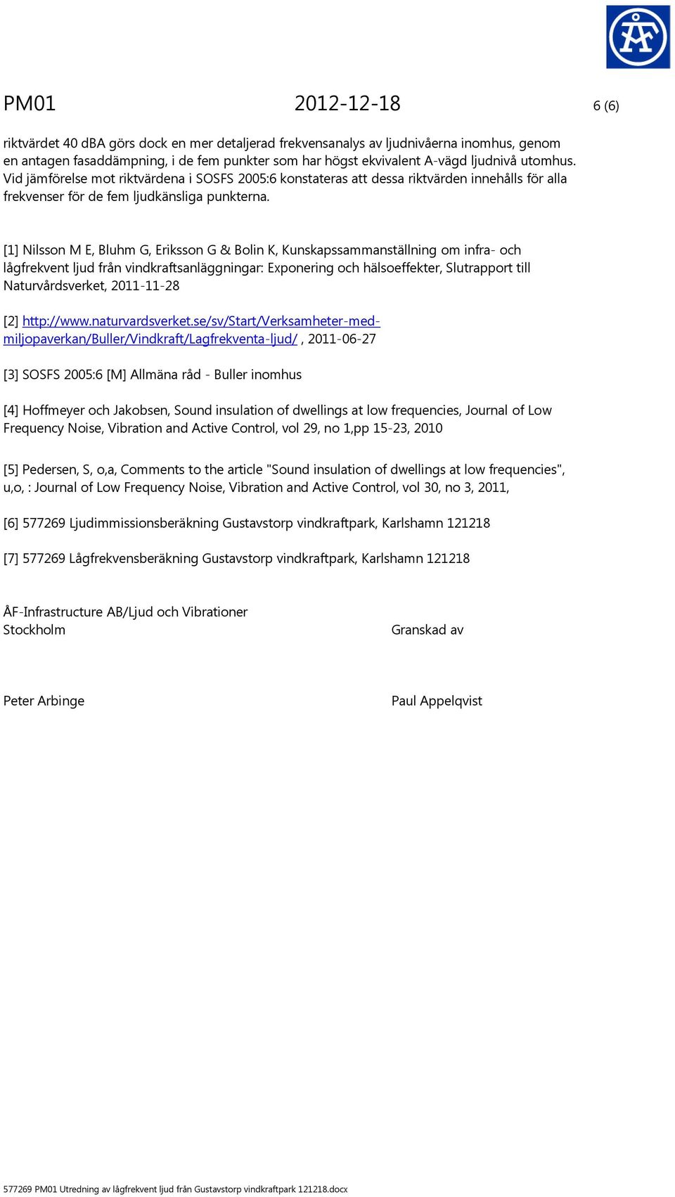 [1] Nilsson M E, Bluhm G, Eriksson G & Bolin K, Kunskapssammanställning om infra- och lågfrekvent ljud från vindkraftsanläggningar: Exponering och hälsoeffekter, Slutrapport till Naturvårdsverket,