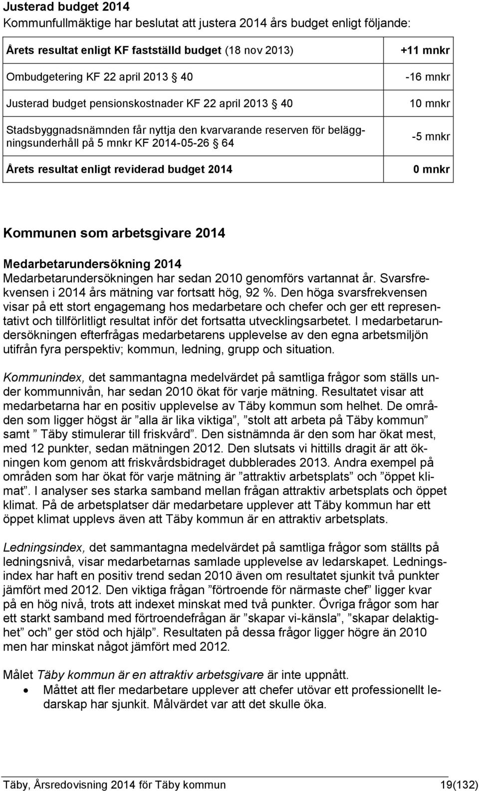 +11 mnkr -16 mnkr 10 mnkr -5 mnkr 0 mnkr Kommunen som arbetsgivare 2014 Medarbetarundersökning 2014 Medarbetarundersökningen har sedan 2010 genomförs vartannat år.