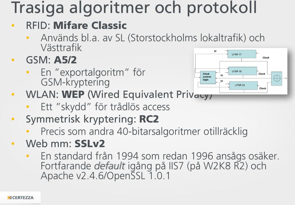 trådlös access Symmetrisk kryptering: RC2 Precis som andra 40-bitarsalgoritmer otillräcklig Web mm: SSLv2 En