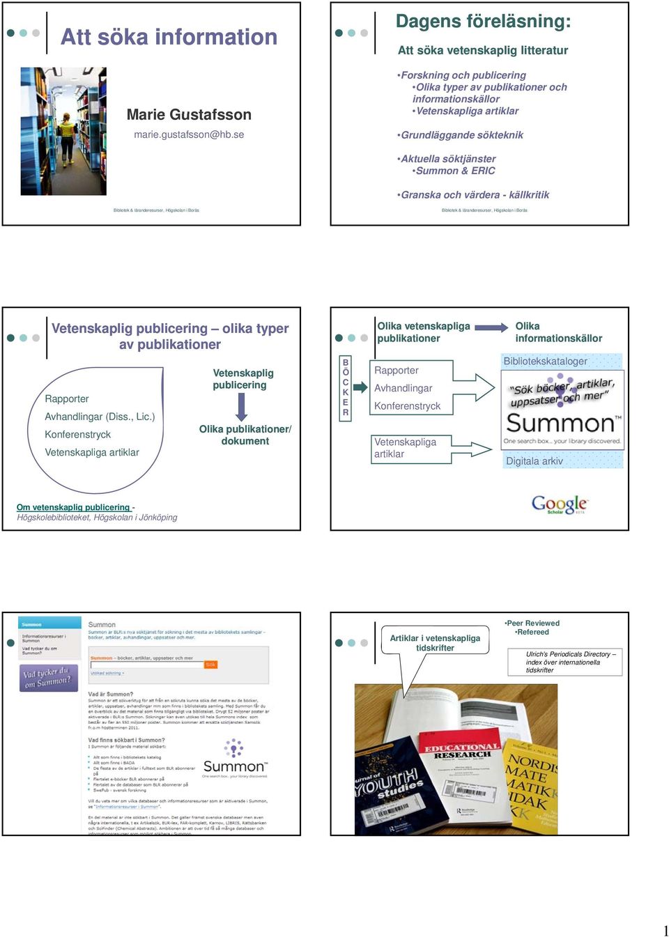 söktjänster Summon & ERIC Granska och värdera - källkritik Vetenskaplig publicering olika typer av publikationer Vetenskaplig publicering Rapporter Avhandlingar (Diss., Lic.
