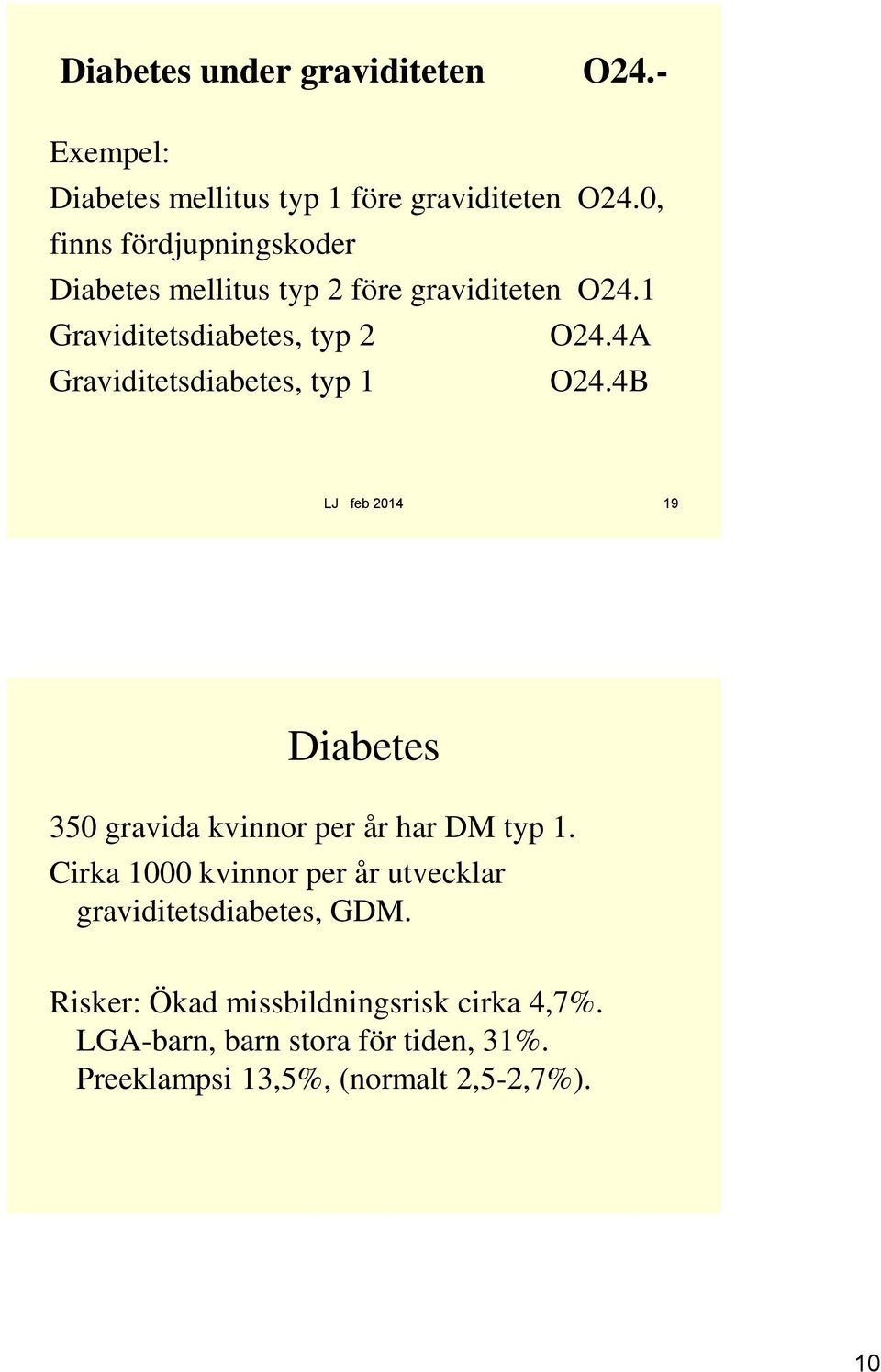 4A Graviditetsdiabetes, typ 1 O24.4B LJ feb 2014 19 Diabetes 350 gravida kvinnor per år har DM typ 1.