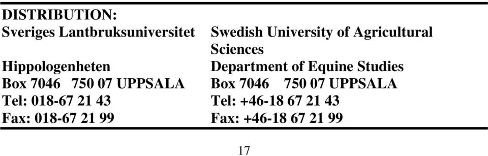 07 UPPSALA Hippologenheten Box 7046 750 07 UPPSALA Tel: 018-67 21