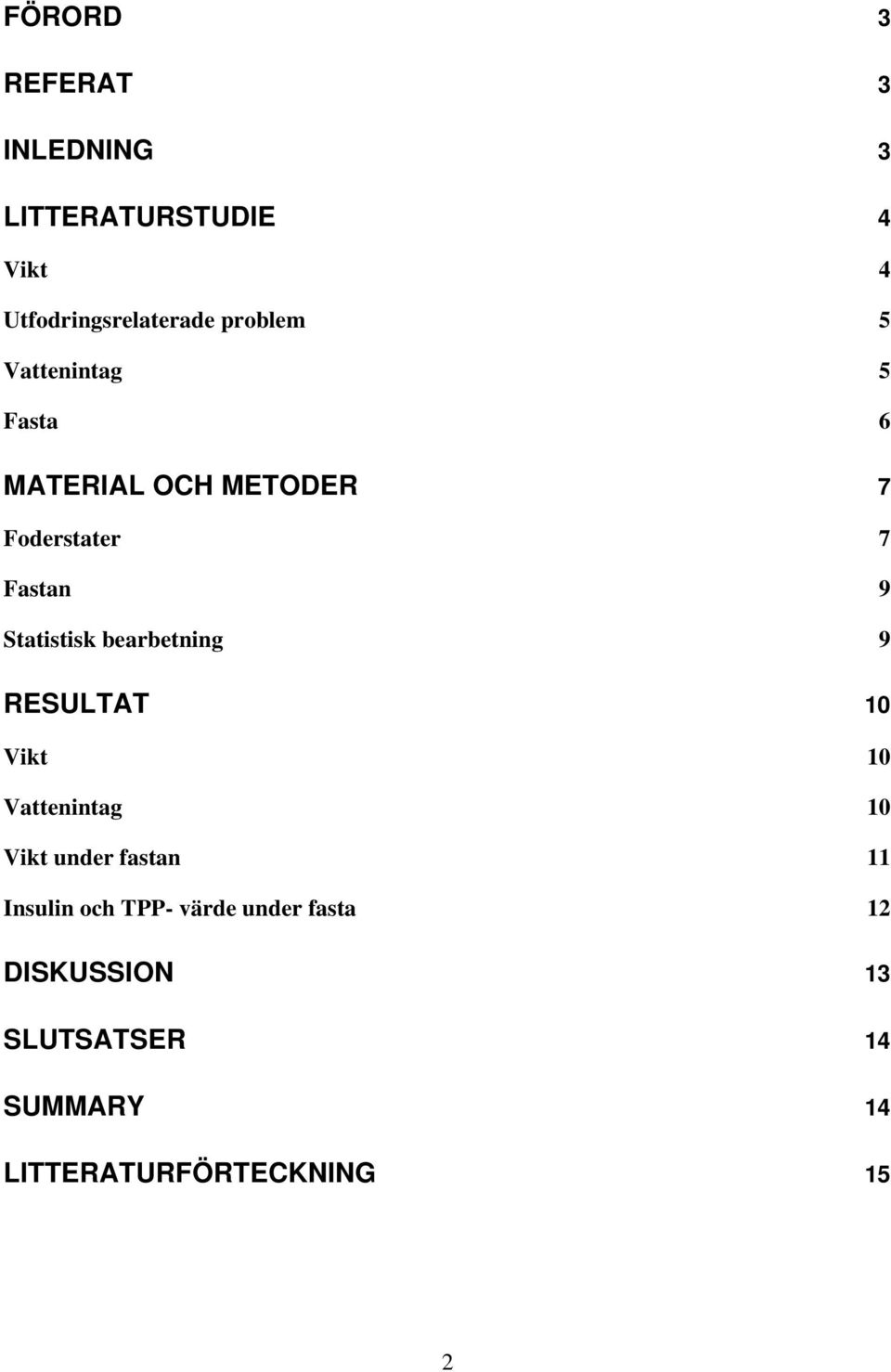 Statistisk bearbetning 9 RESULTAT 10 Vikt 10 Vattenintag 10 Vikt under fastan 11