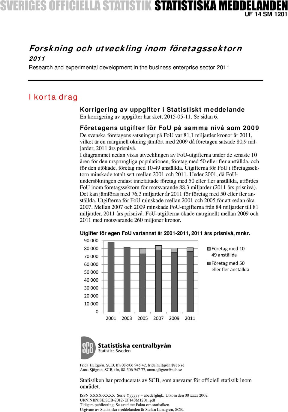 Företagens utgifter för FoU på samma nivå som 2009 De svenska företagens satsningar på FoU var 81,1 miljarder kronor år 2011, vilket är en marginell ökning jämfört med 2009 då företagen satsade 80,9