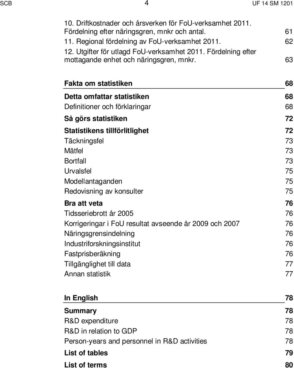 63 Fakta om statistiken 68 Detta omfattar statistiken 68 Definitioner och förklaringar 68 Så görs statistiken 72 Statistikens tillförlitlighet 72 Täckningsfel 73 Mätfel 73 Bortfall 73 Urvalsfel 75