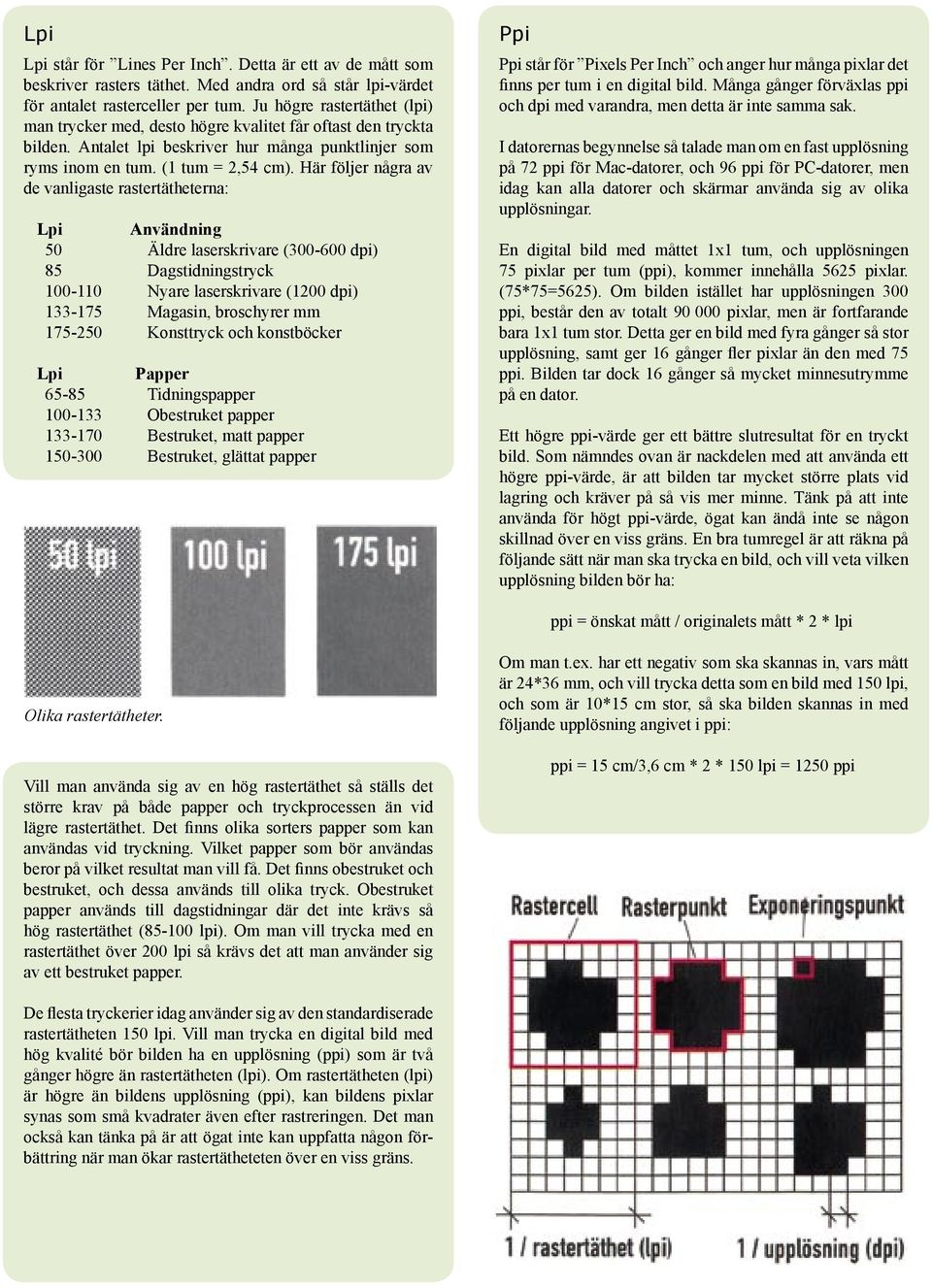 Här följer några av de vanligaste rastertätheterna: Lpi Användning 50 Äldre laserskrivare (300-600 dpi) 85 Dagstidningstryck 100-110 Nyare laserskrivare (1200 dpi) 133-175 Magasin, broschyrer mm