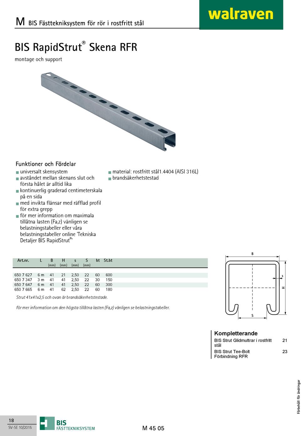 online 'Tekniska Detaljer BIS RapidStrut ' material: rostfritt stål1.4404 (AISI 316L) brandsäkerhetstestad Art.nr. L B H s S bt St.