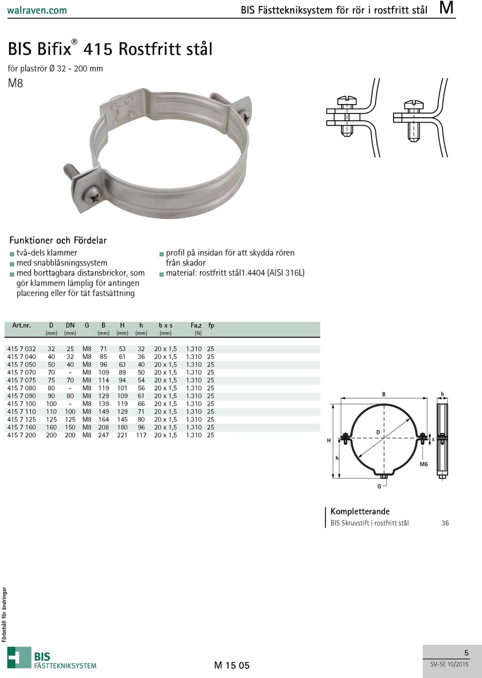 D DN G B H h b x s Fa,z fp (mm) (mm) (mm) (mm) (mm) (mm) (N) 415 7 032 32 25 M8 71 53 32 20 x 1,5 1.310 25 415 7 040 40 32 M8 85 61 36 20 x 1,5 1.310 25 415 7 050 50 40 M8 96 63 40 20 x 1,5 1.