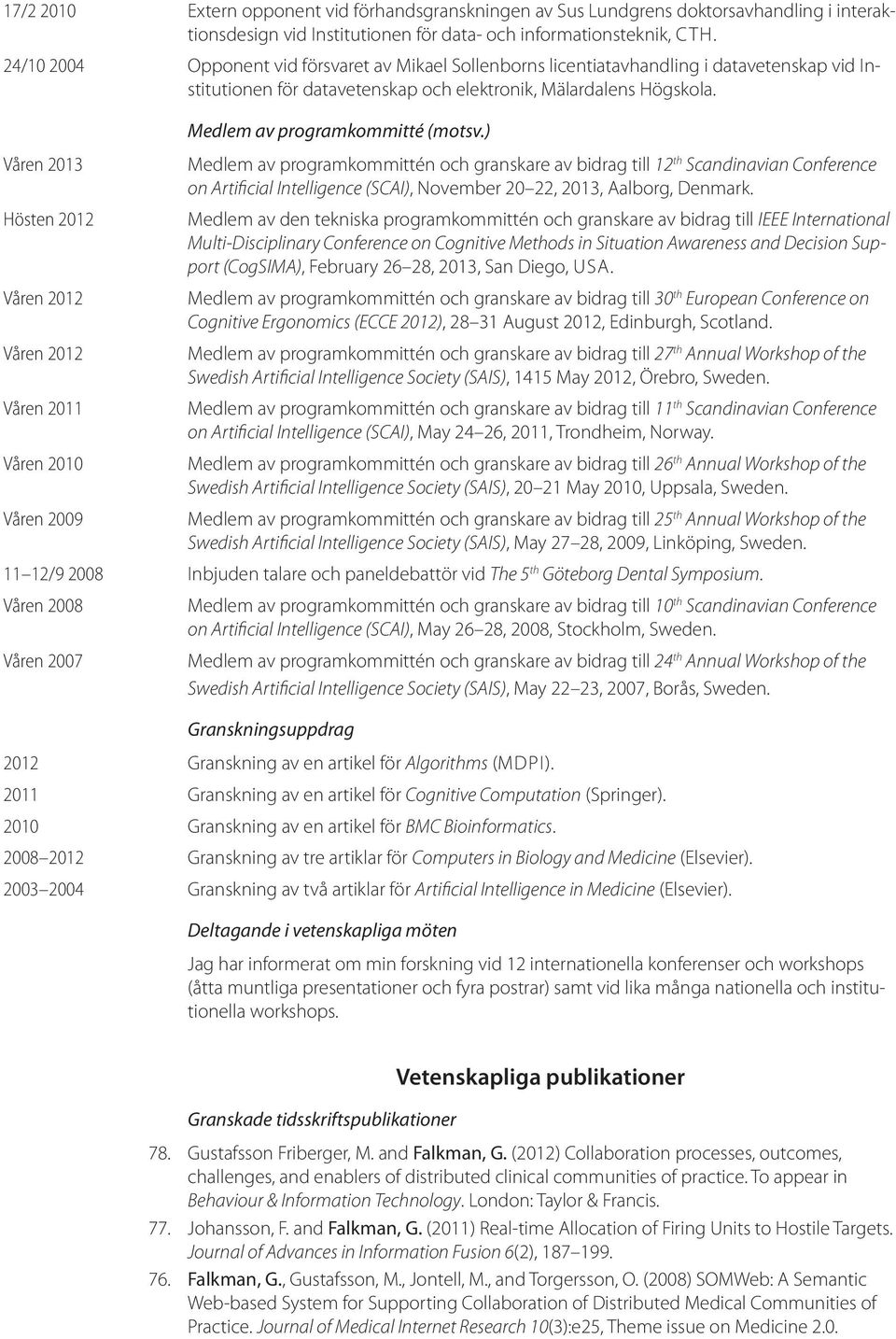 Våren 2013 Hösten 2012 Våren 2012 Våren 2012 Våren 2011 Våren 2010 Våren 2009 Medlem av programkommitté (motsv.