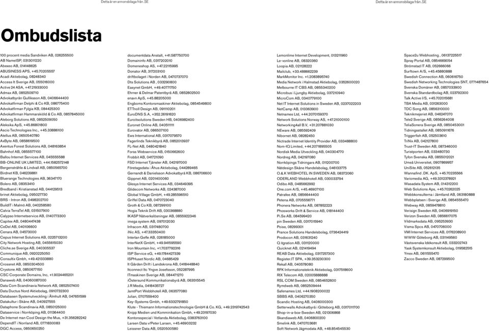 21933000 Admax AB, 0852509710 Advokatbyrån Gulliksson AB, 0406644400 Advokatfirman Delphi & Co KB, 086775400 Advokatfirman Fylgia KB, 084425300 Advokatfirman Hammarskiöld & Co AB, 0857845000 Aleborg