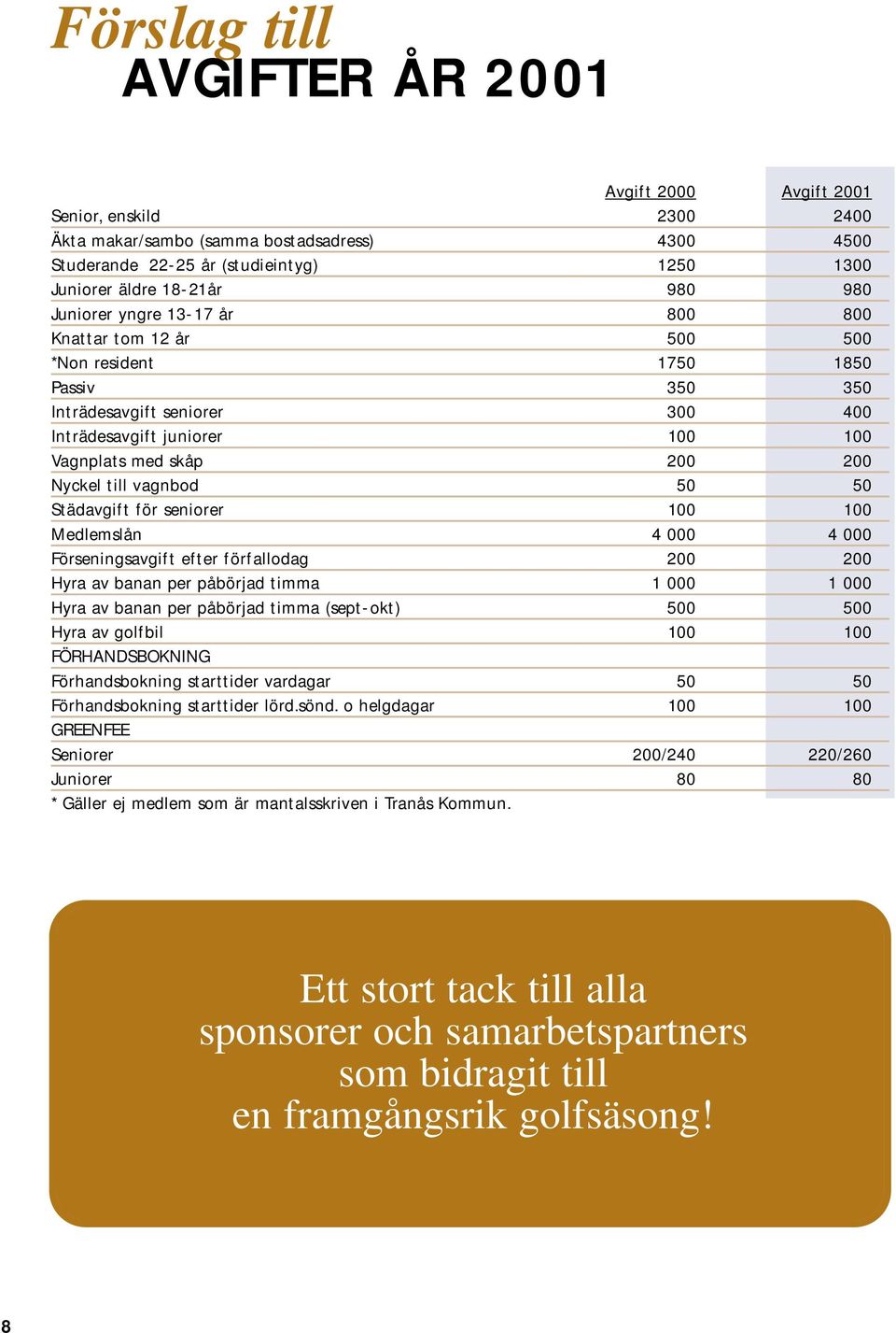 till vagnbod 50 50 Städavgift för seniorer 100 100 Medlemslån 4 000 4 000 Förseningsavgift efter förfallodag 200 200 Hyra av banan per påbörjad timma 1 000 1 000 Hyra av banan per påbörjad timma