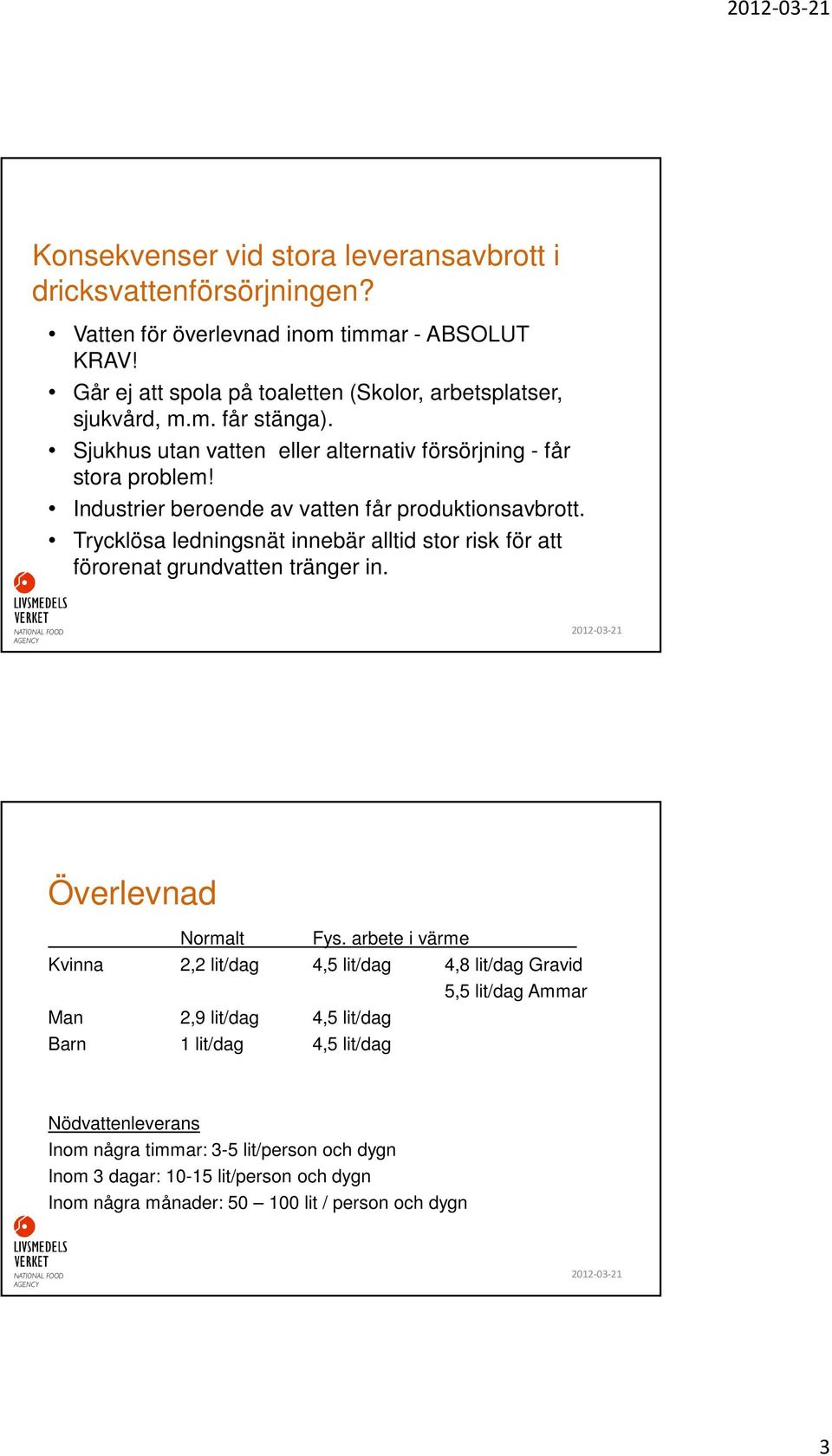 Industrier beroende av vatten får produktionsavbrott. Trycklösa ledningsnät innebär alltid stor risk för att förorenat grundvatten tränger in. Överlevnad Normalt Fys.